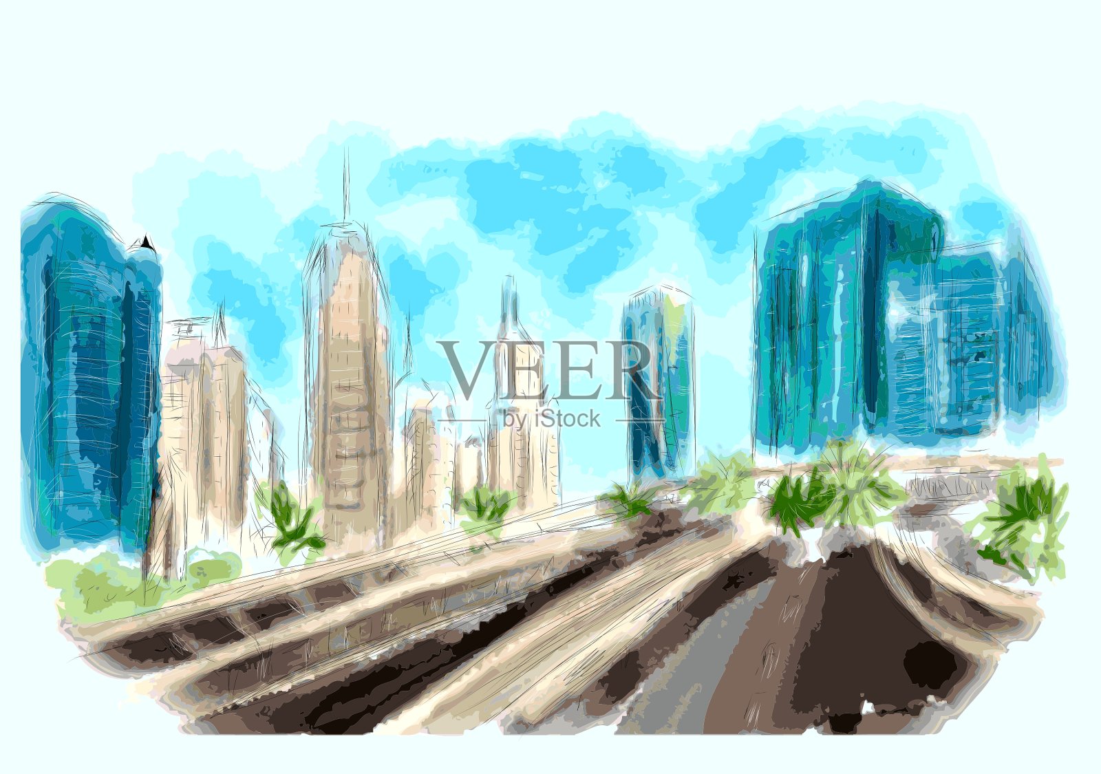 迪拜中心摩天大楼插画图片素材