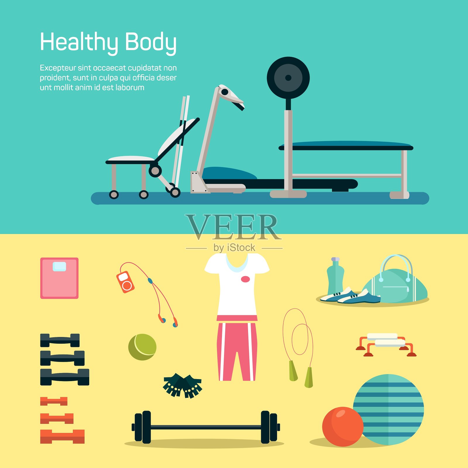 矢量健身房设置锻炼和健康图标素材