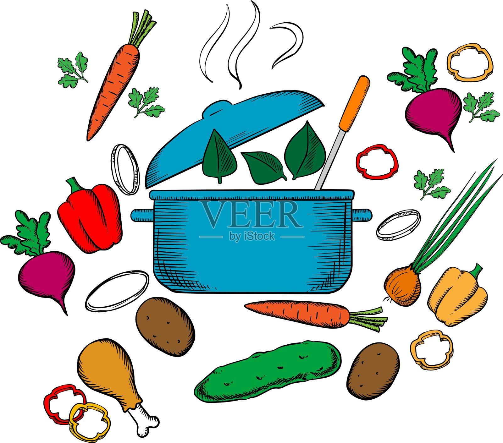 蔬菜及纯素汤的烹调过程插画图片素材