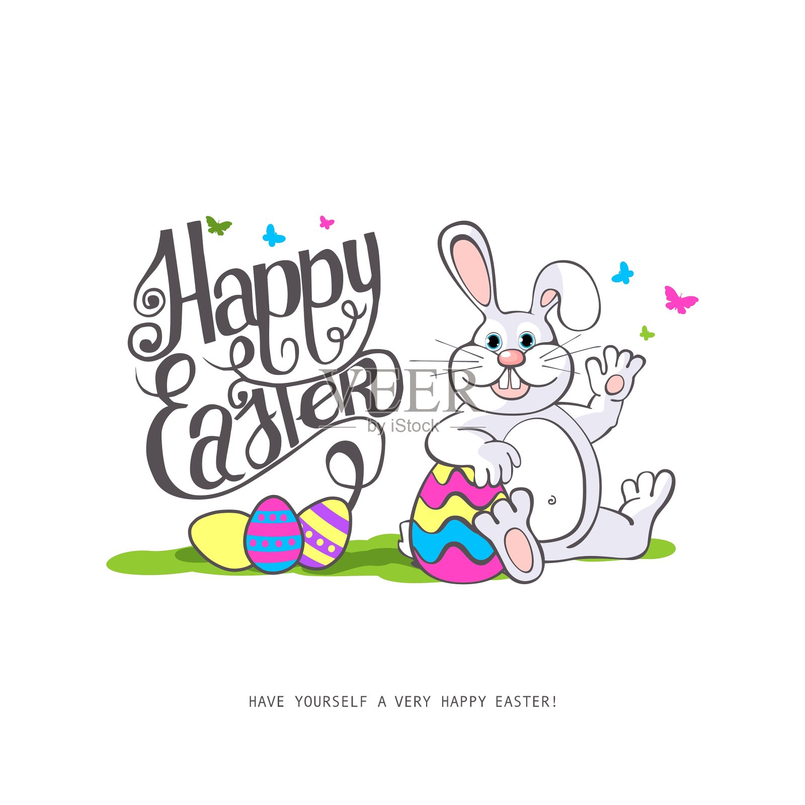 复活节快乐，田野里的复活节兔子和鸡蛋设计模板素材