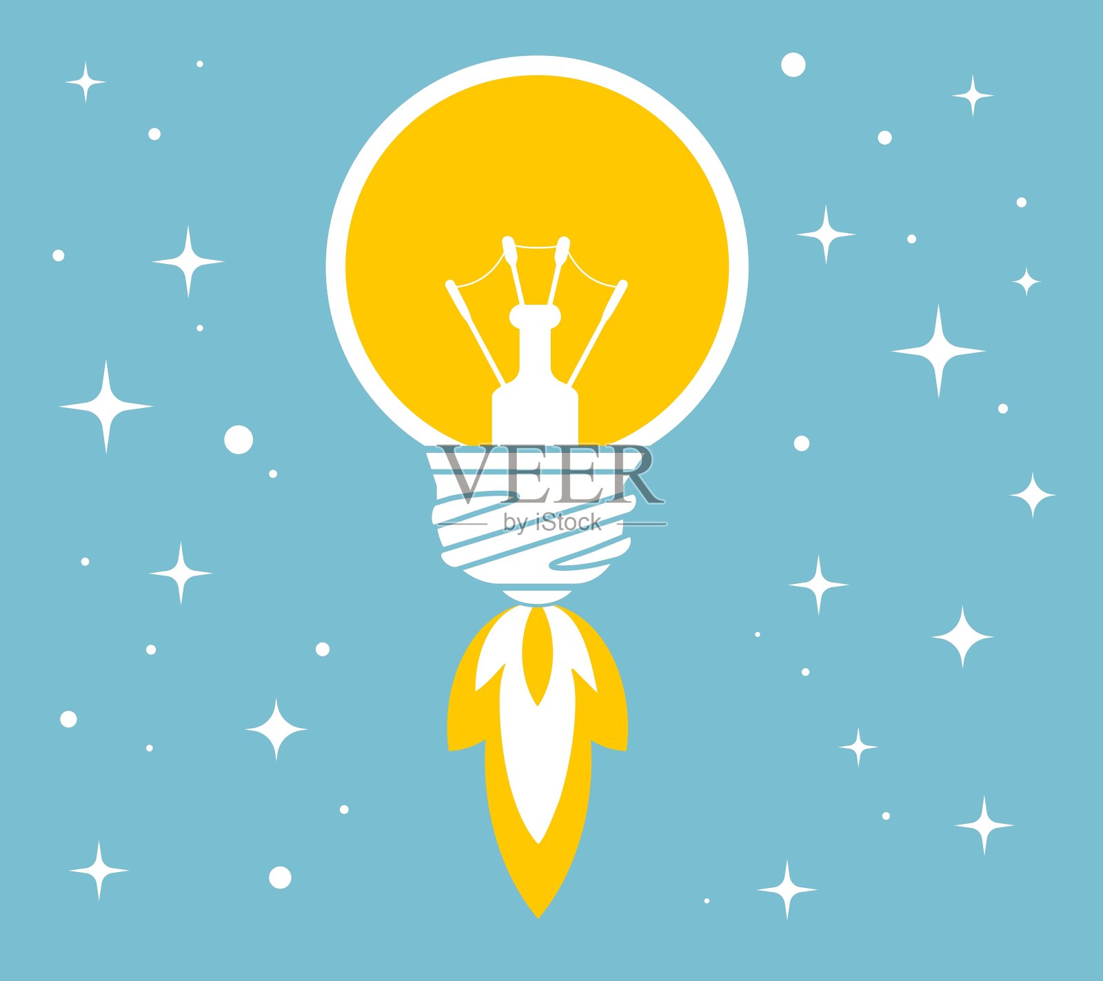 黄色的灯泡在蓝色的背景上飞行插画图片素材