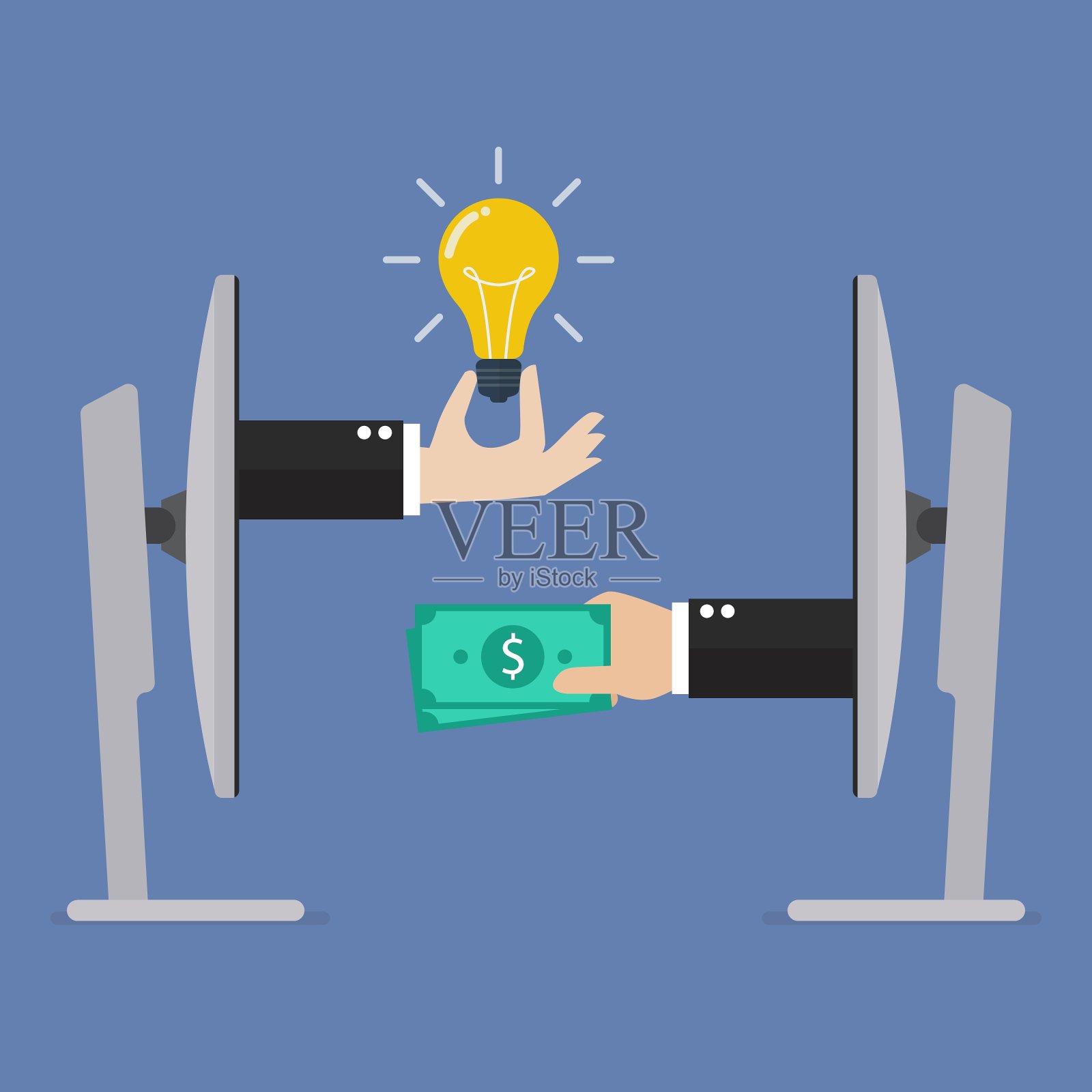 在网上交换灯泡的想法和金钱插画图片素材