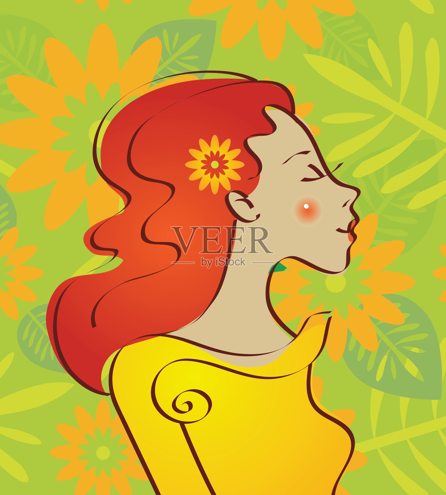 带着花的漂亮女人插画图片素材