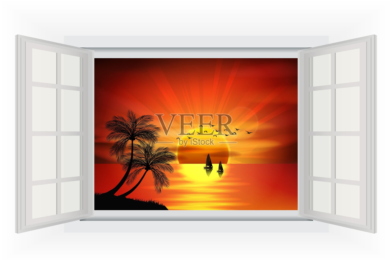 当夕阳西下时，打开沙滩上的窗户插画图片素材