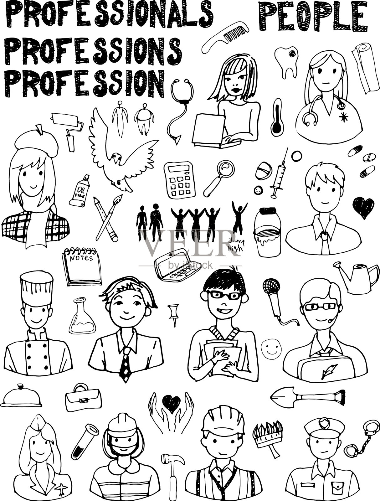 一组人物职业涂鸦插画图片素材