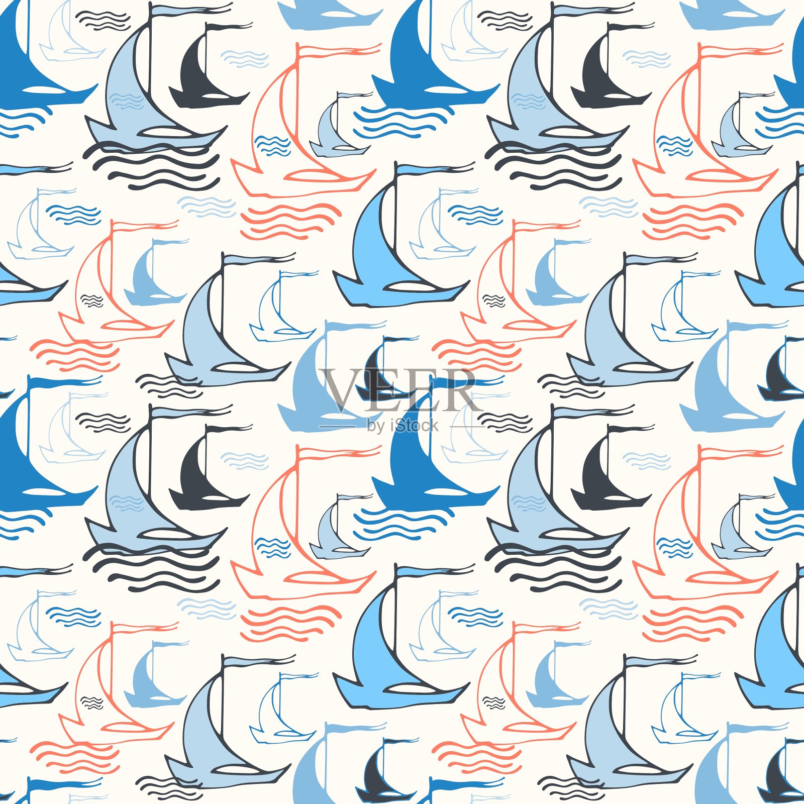 无缝航海模式与帆船插画图片素材