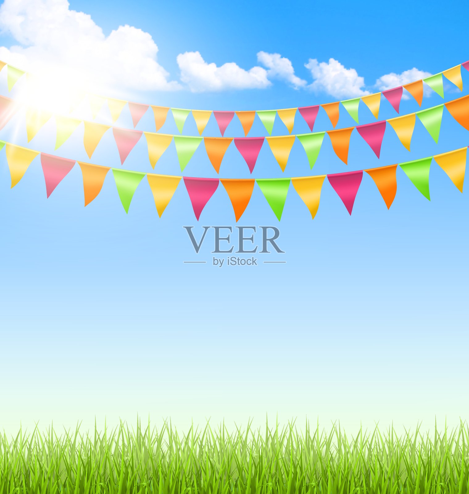 绿草如茵，草坪上飘扬着彩云和阳光插画图片素材