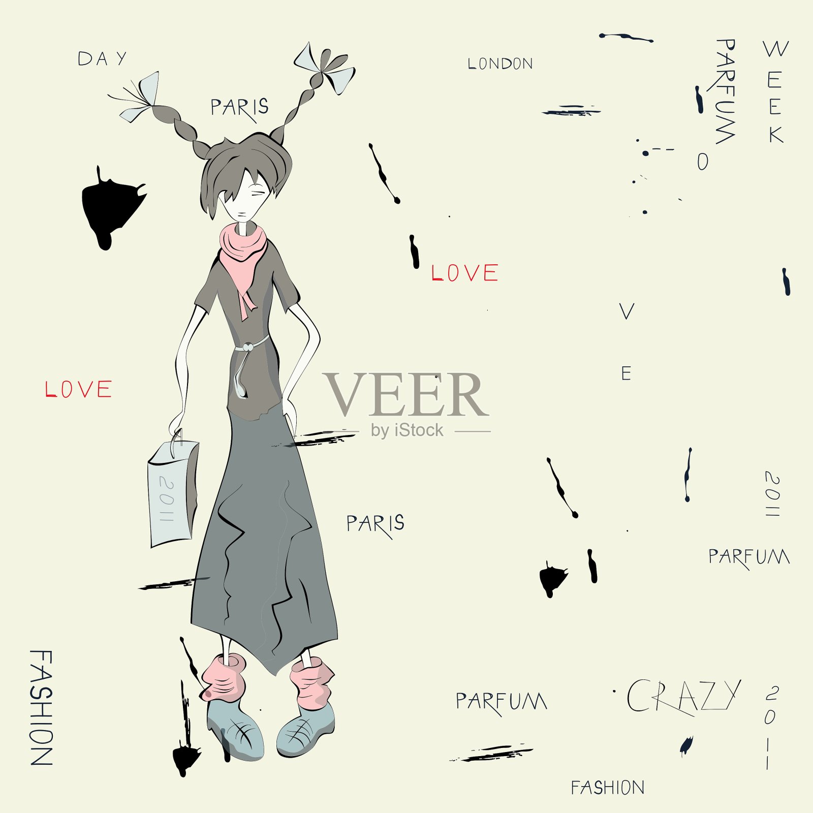 背景与年轻女子和题词插画图片素材