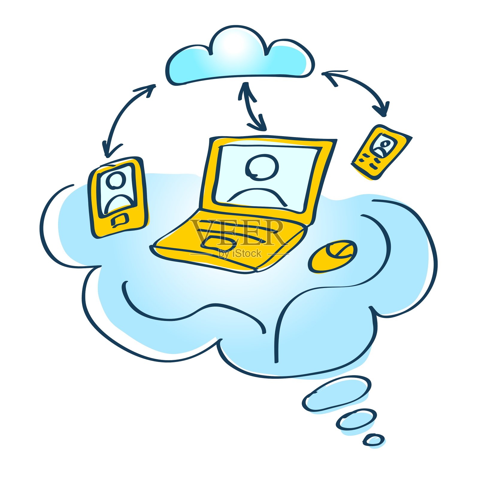 草图笔记本移动设备连接多云设计元素图片