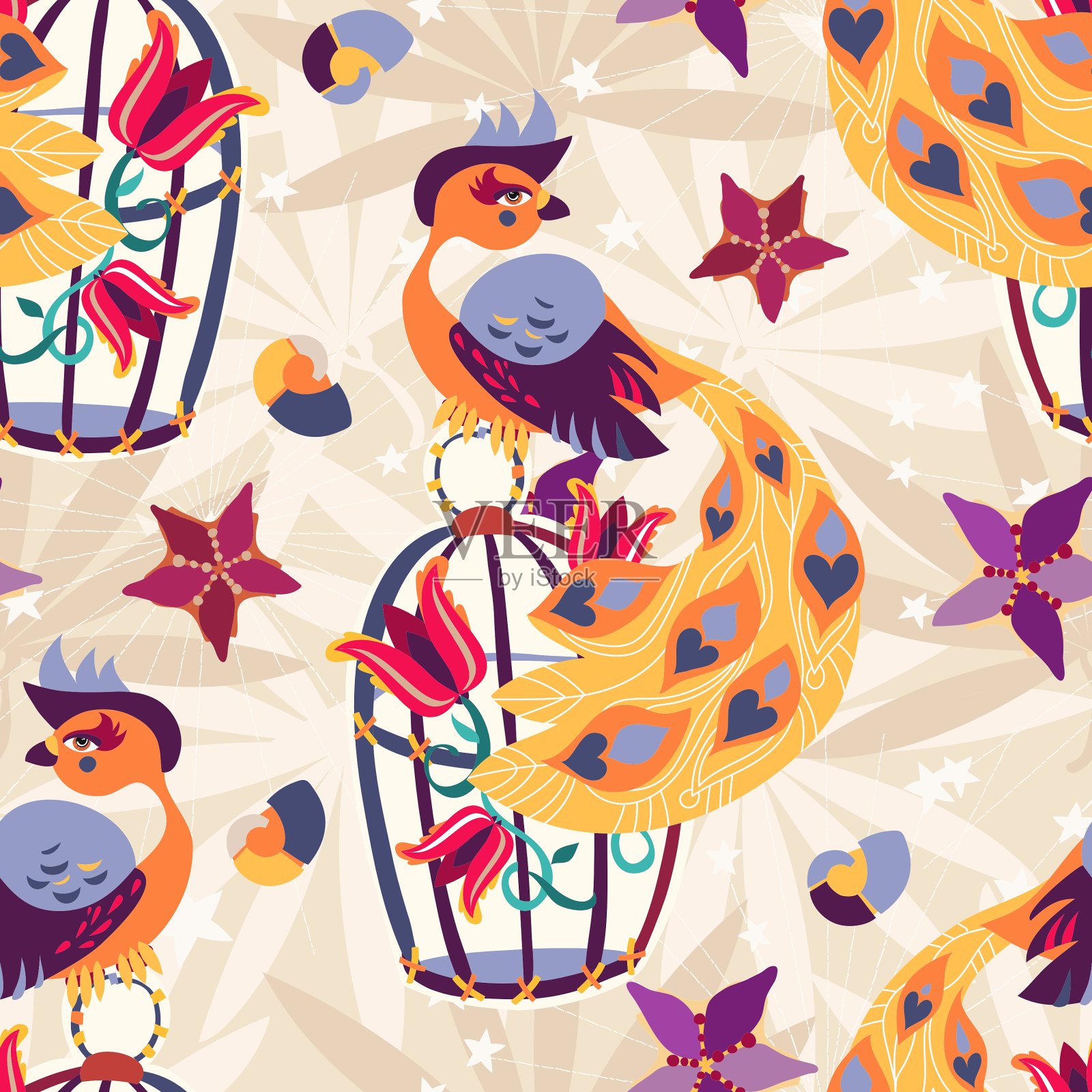 异国情调的热带鸟笼无缝图案插画图片素材