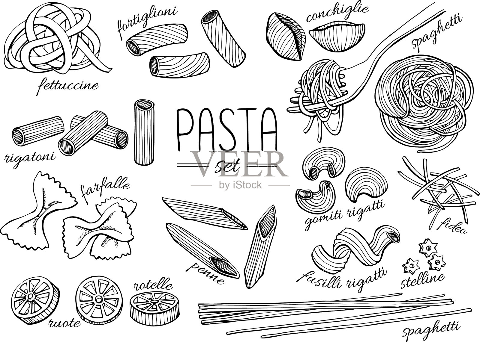 手绘意大利面设置复古线艺术图标素材