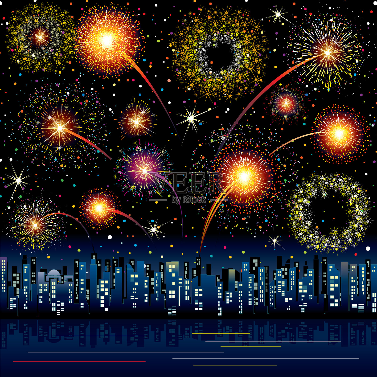 烟花在夜晚的城市插画图片素材