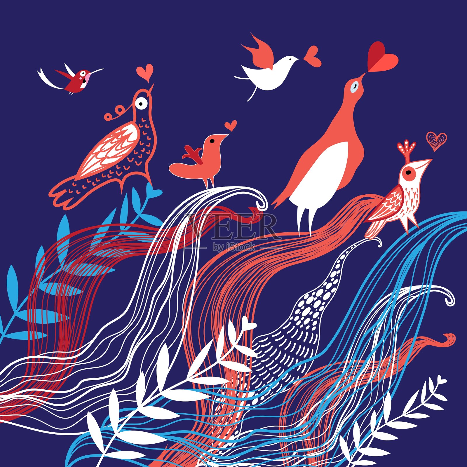 自然背景与飞鸟相恋插画图片素材