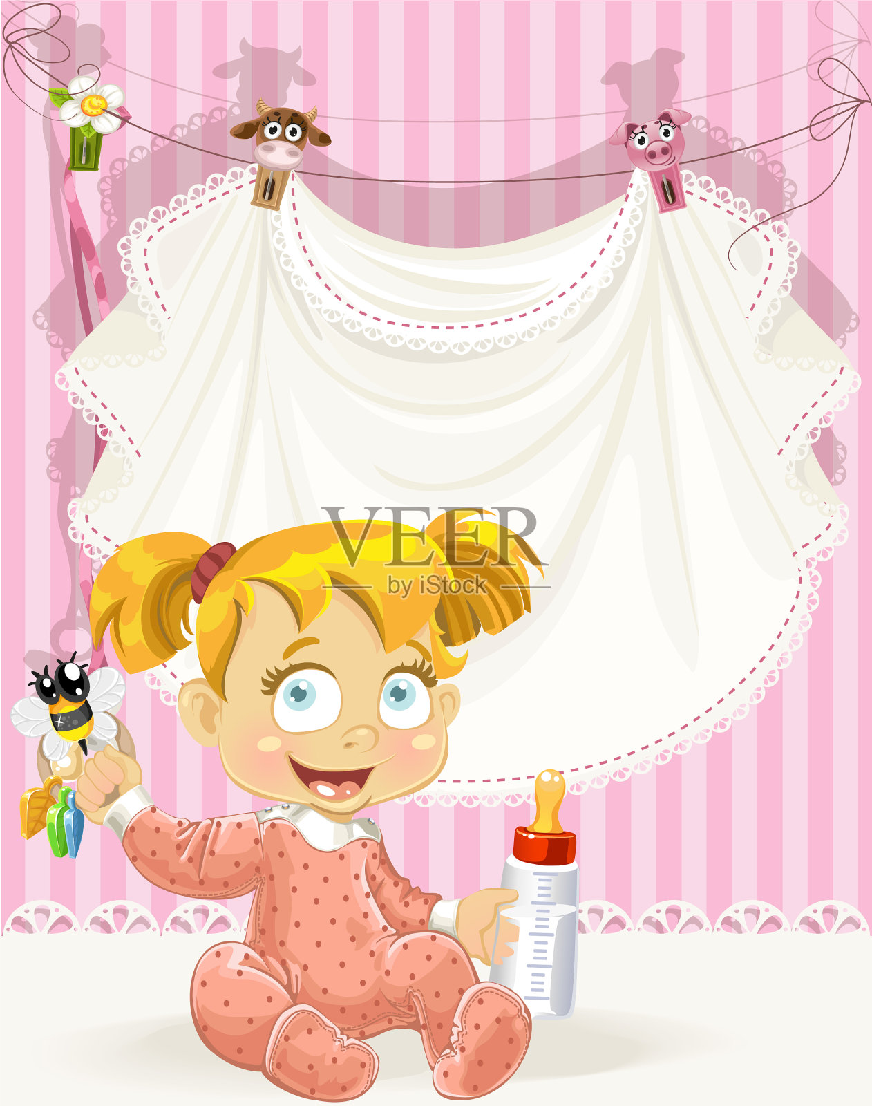 女婴粉色镂空布告卡插画图片素材