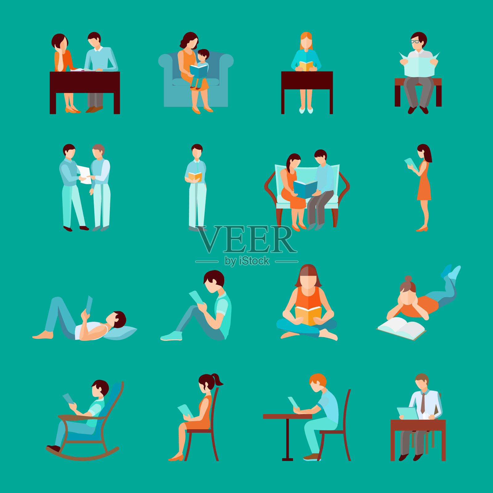 阅读的人组插画图片素材