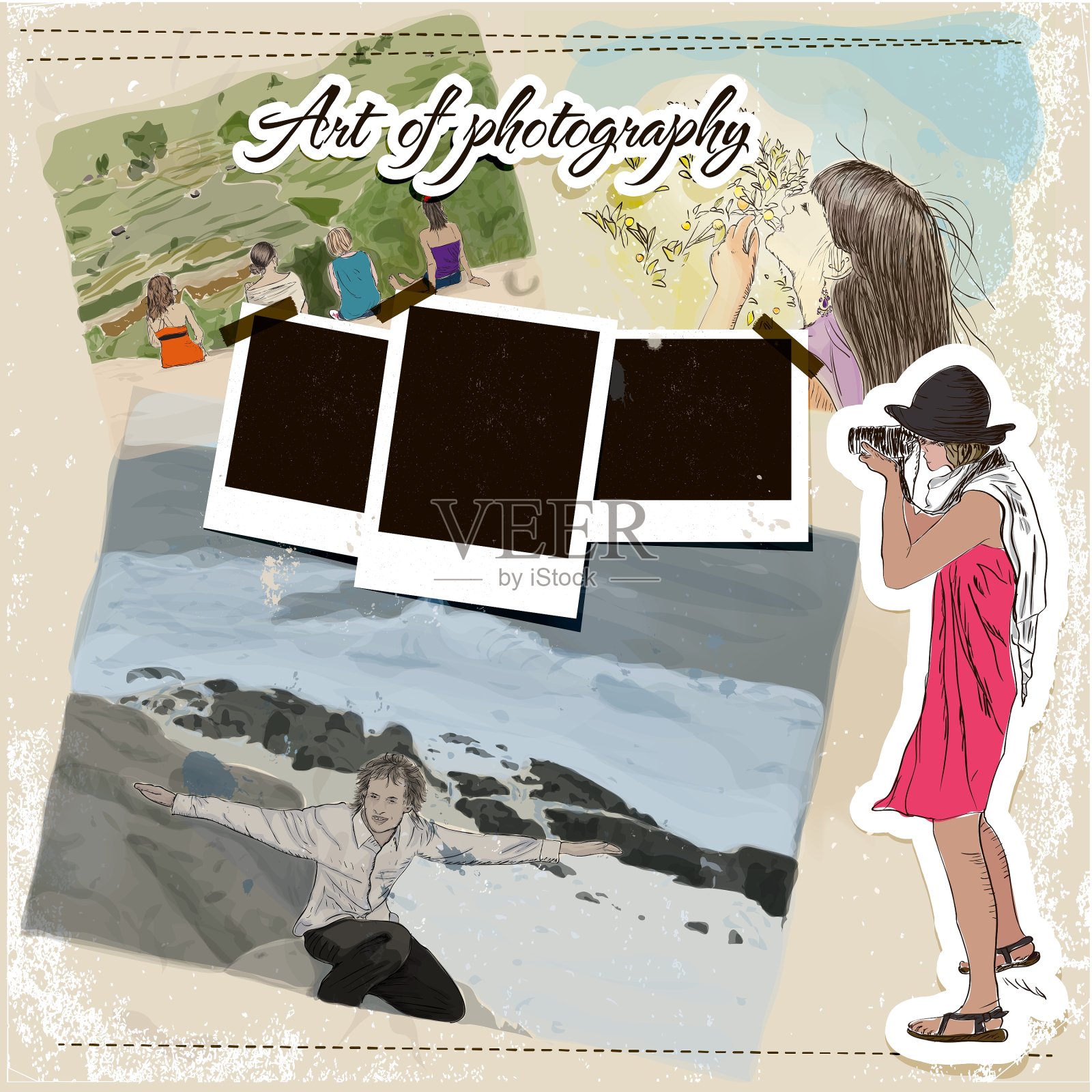 与时尚摄影师女孩废模板插画图片素材