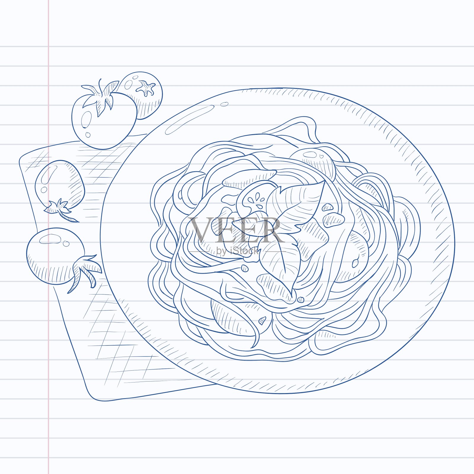 盘子里有罗勒的意大利面插画图片素材