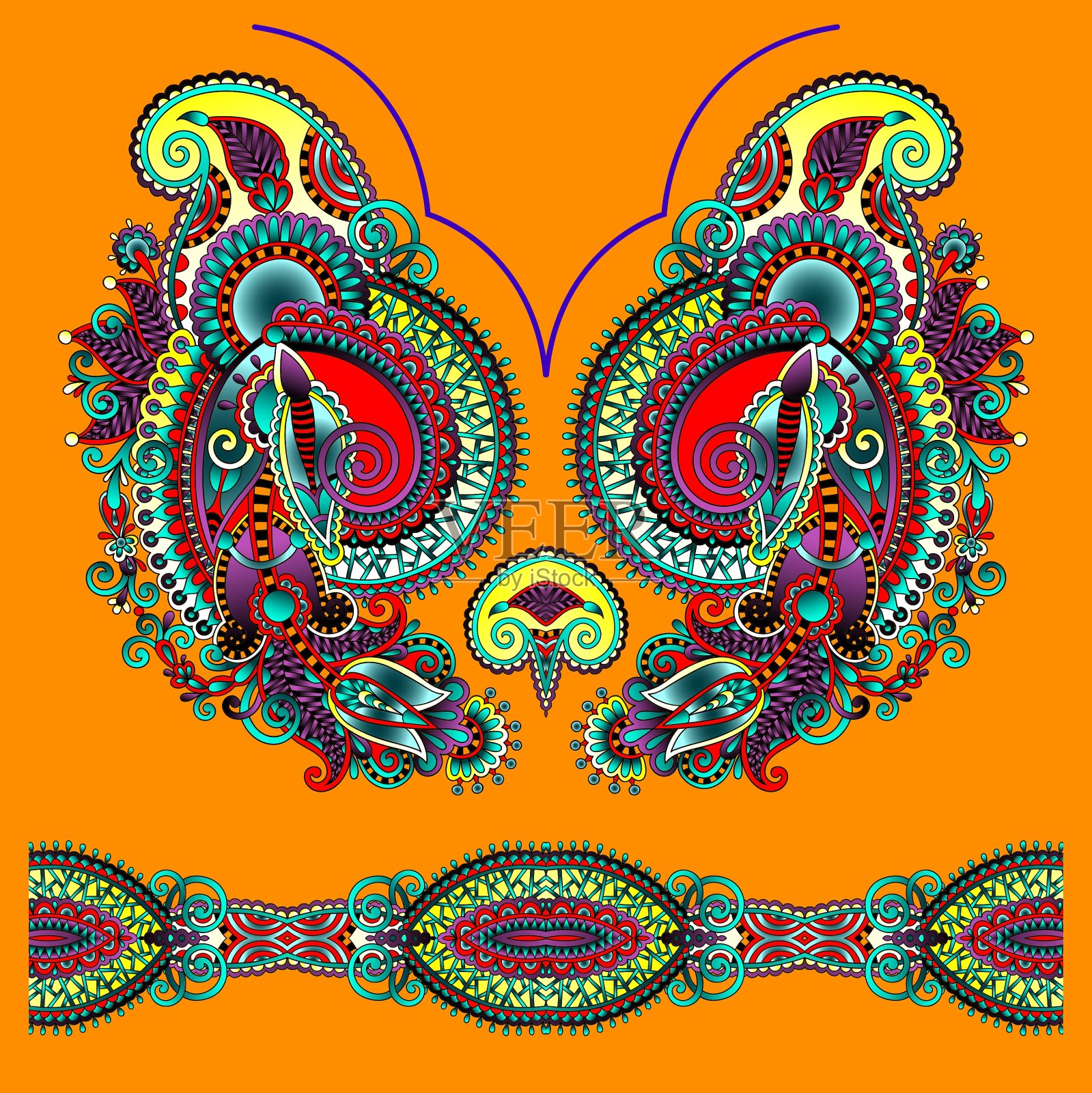 领口华丽的花卉佩斯利刺绣时装插画图片素材