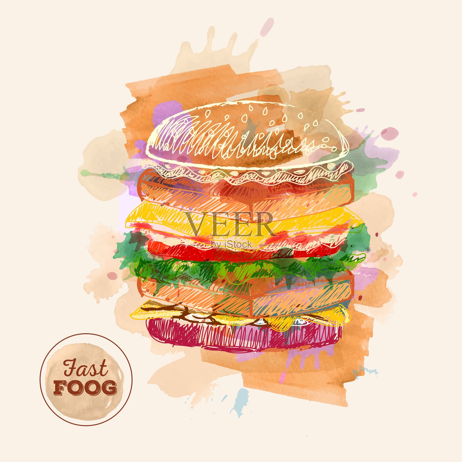 水彩汉堡包或三明治快餐素描插画图片素材