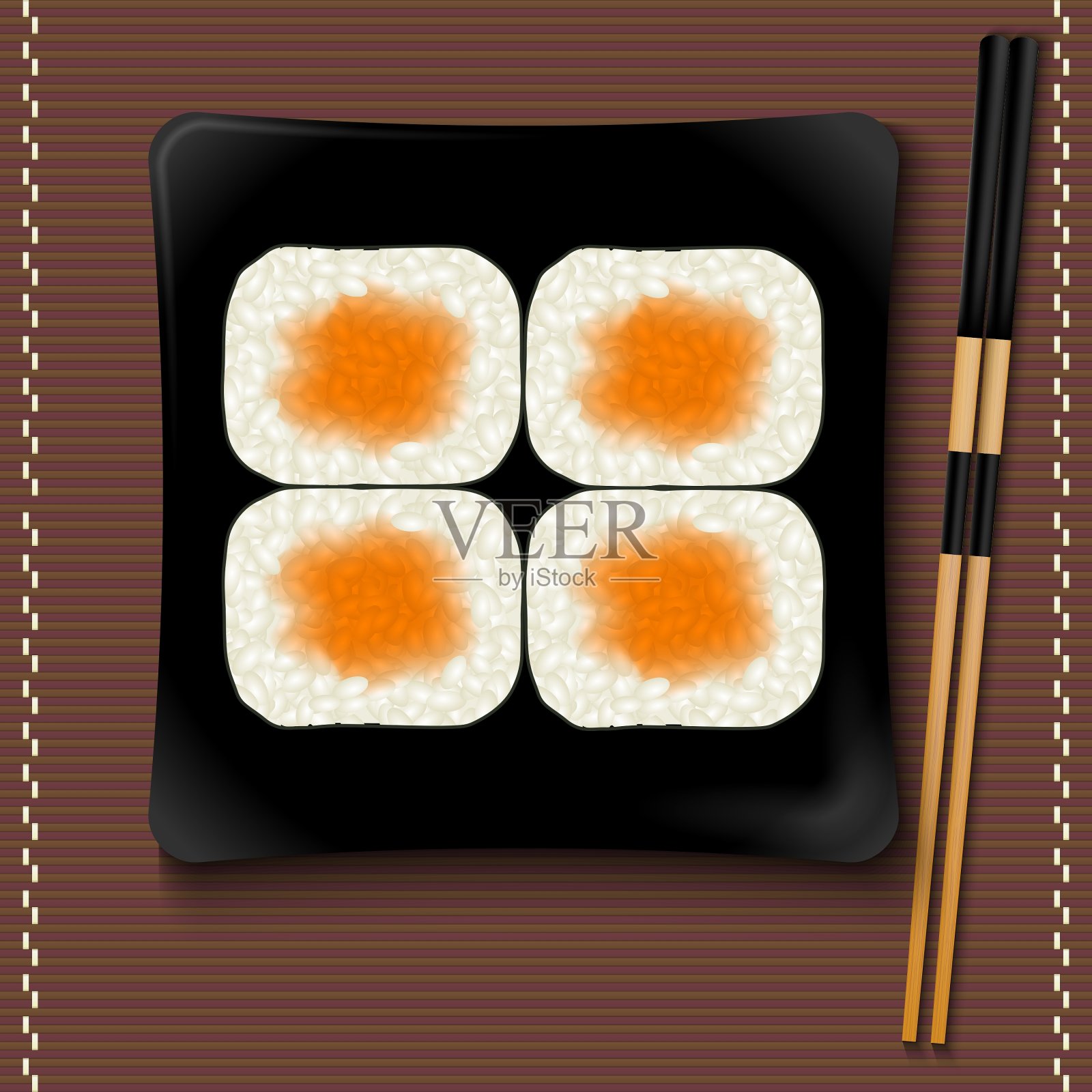 黑色的方形盘子，配寿司和筷子插画图片素材