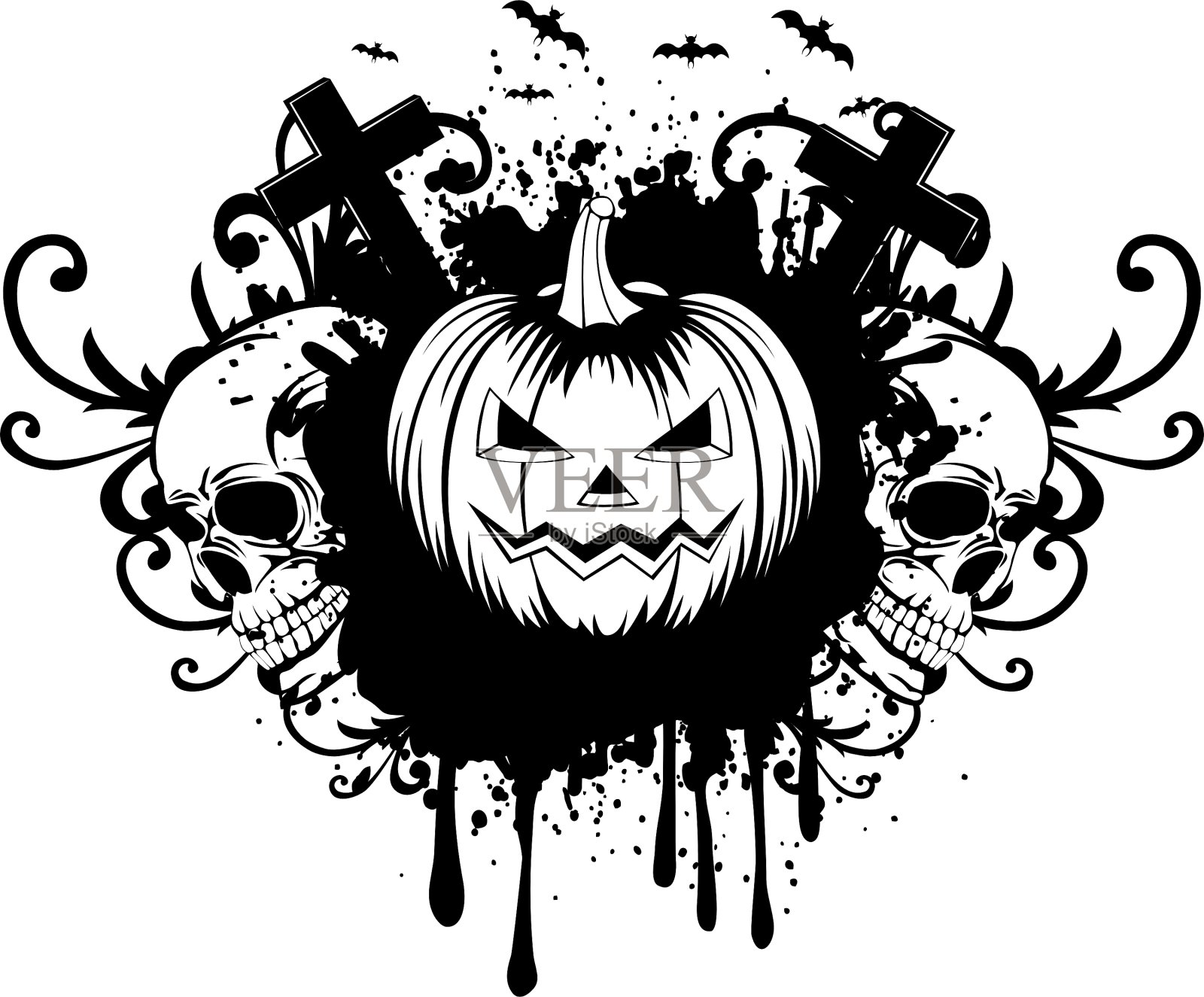 抽象的背景南瓜和两个头骨设计元素图片