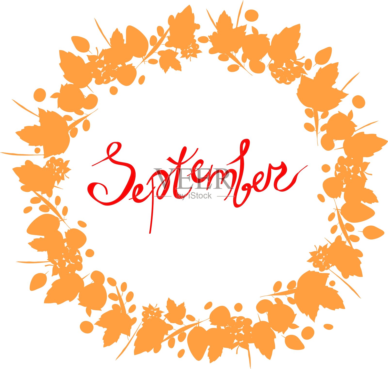 在树叶的框架里写着九月的红色字母插画图片素材