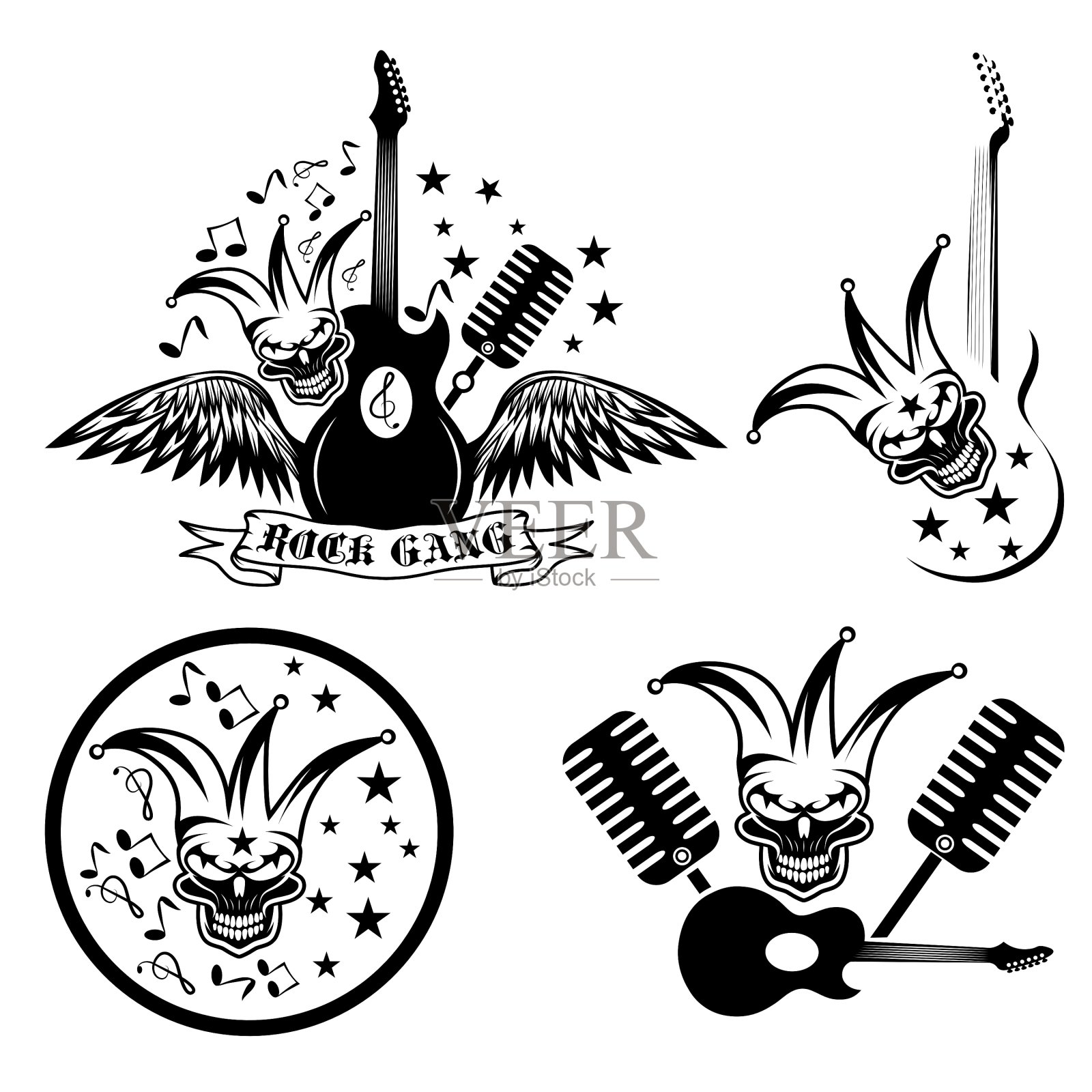 摇滚乐队与小丑skullwings和吉他图标素材