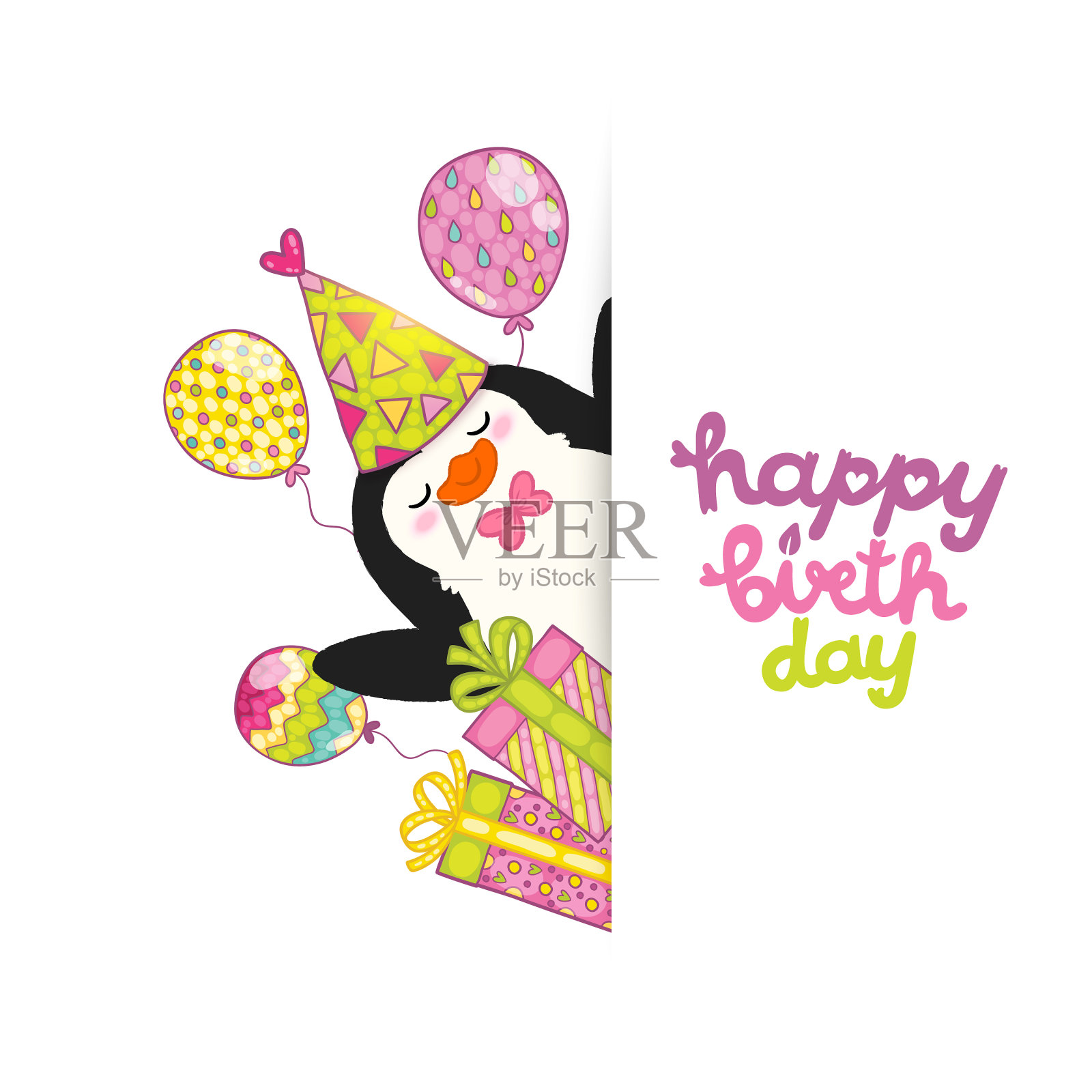 快乐的生日贺卡背景与可爱的企鹅插画图片素材