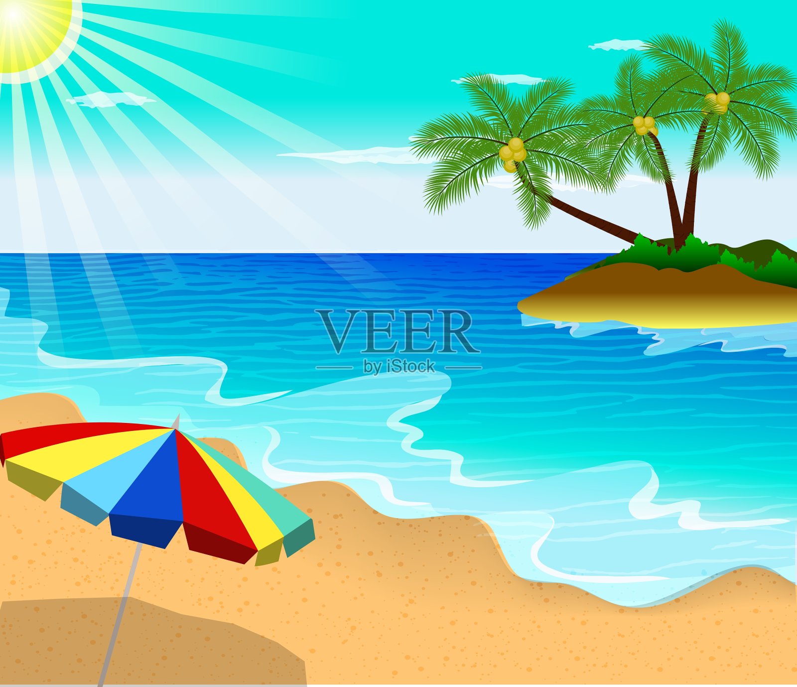 热带海滩，棕榈树和伞插画图片素材