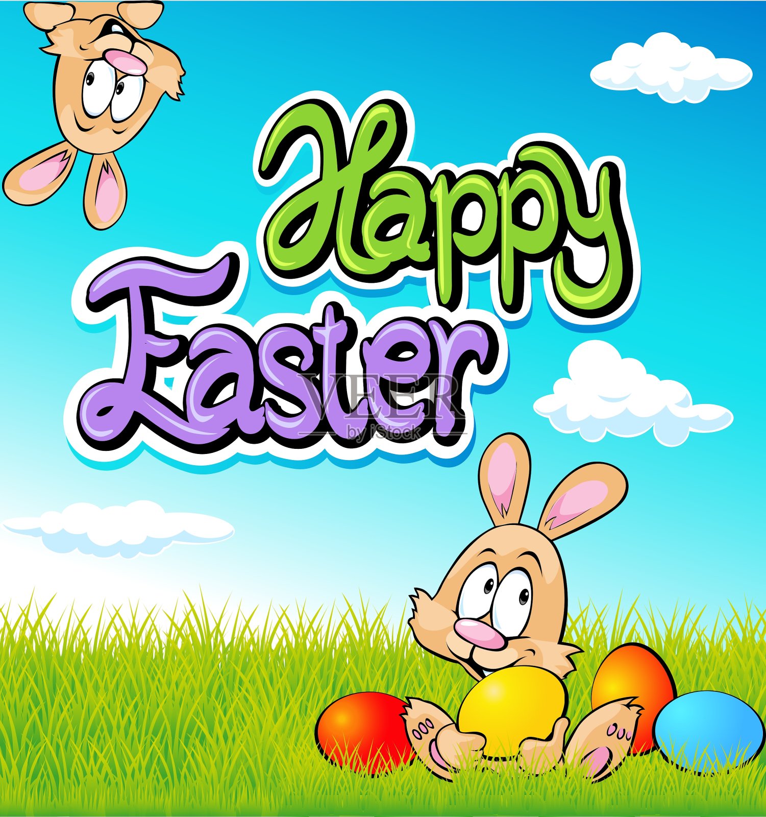 复活节快乐文字-设计与兔子蛋和插画图片素材