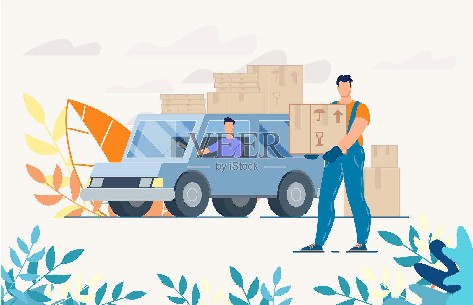 卡车上的送货员，用盒子装着包裹插画图片素材