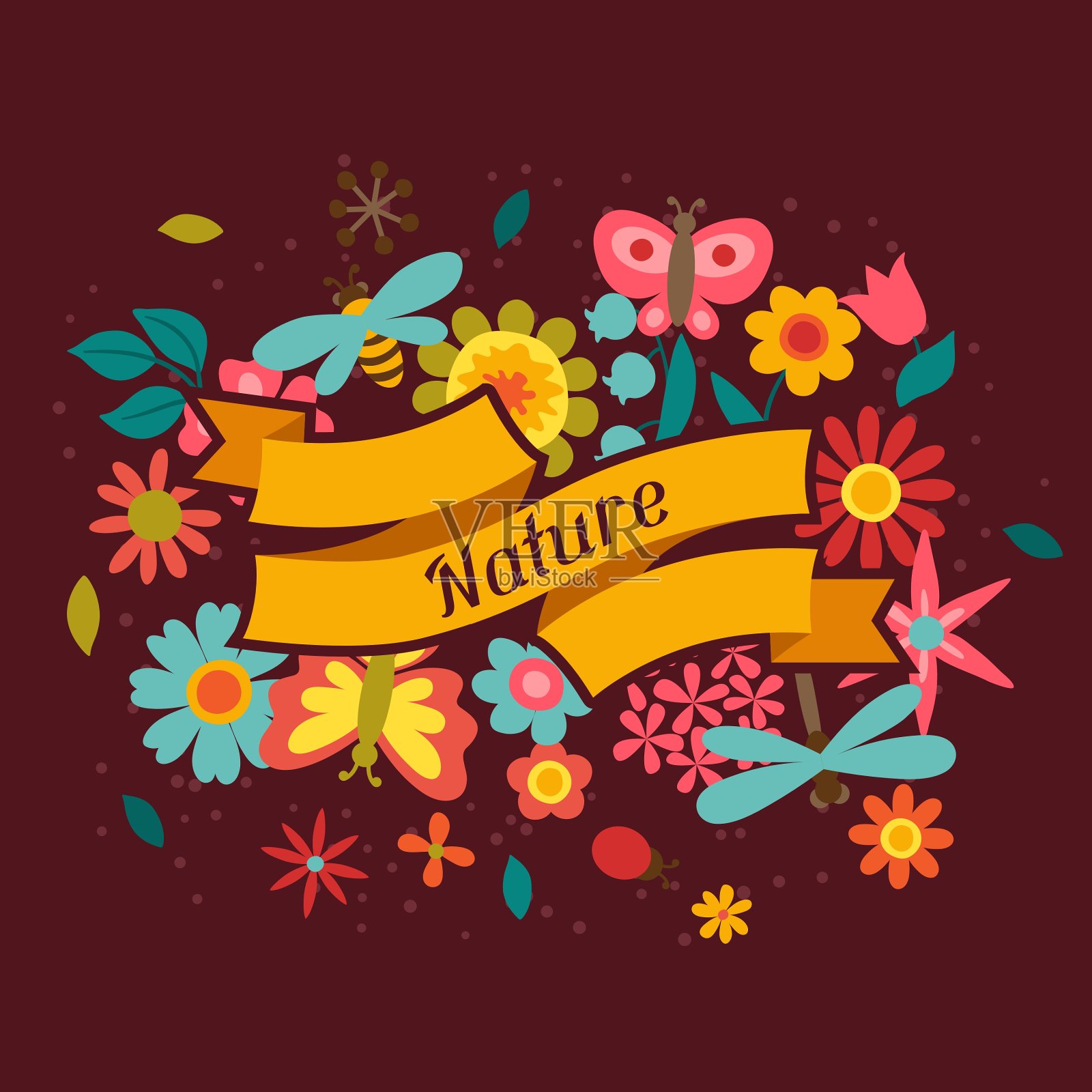 卡片上有美丽简单的花、甲虫和插画图片素材