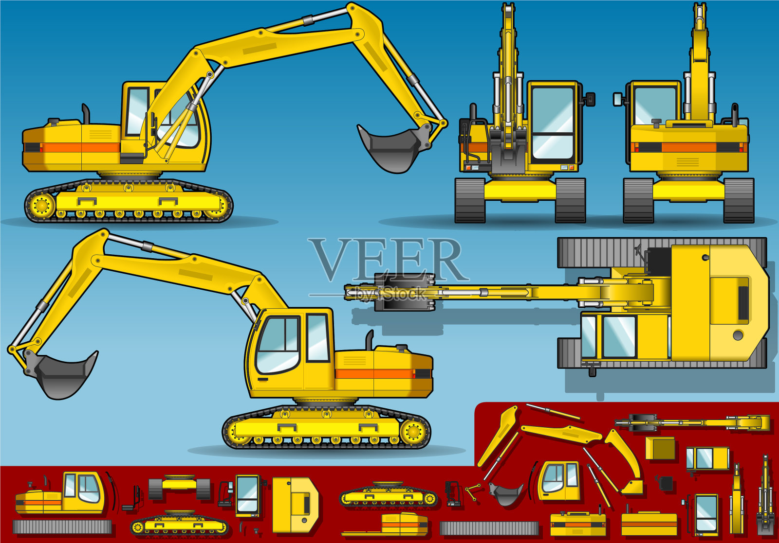 黄色挖掘机五正交位置插画图片素材