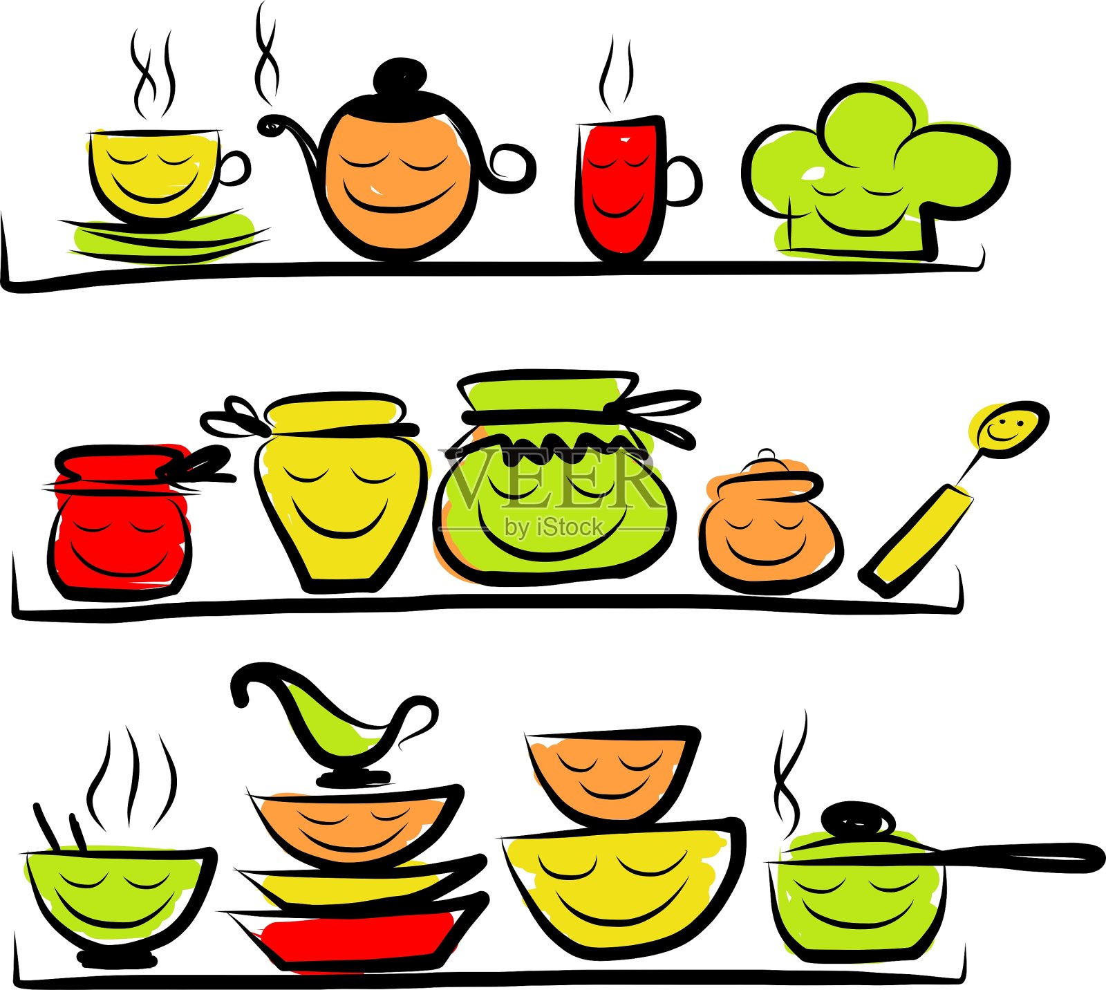 厨房用具货架上的人物素描插画图片素材