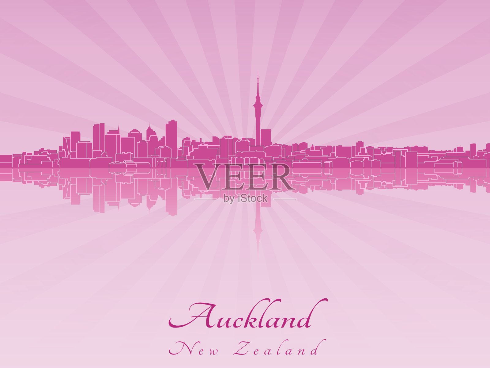 奥克兰的天际线在紫色的光芒兰花插画图片素材