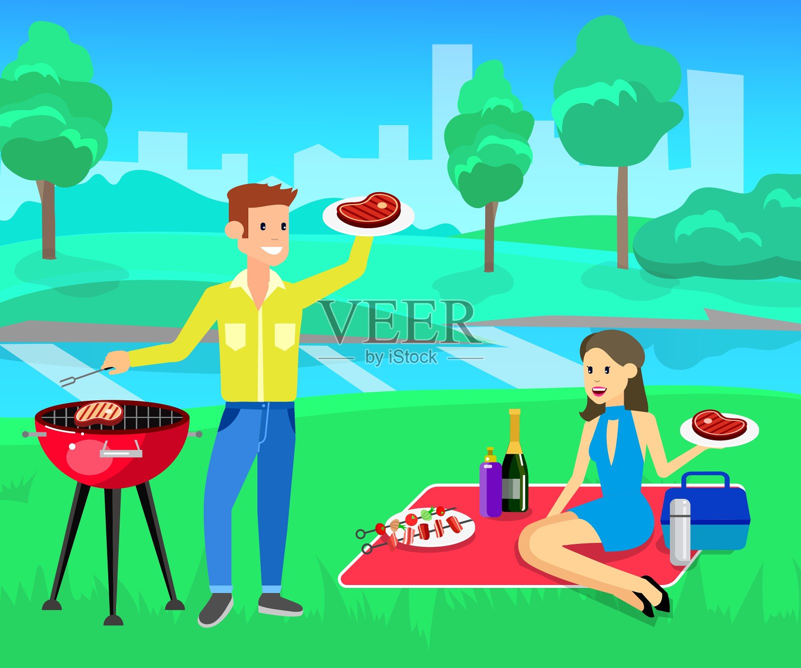 家庭野餐烧烤派对食物和烧烤插画图片素材