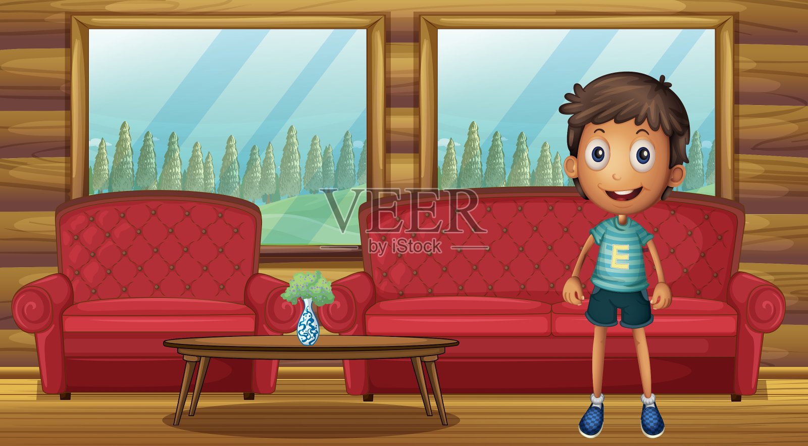 一个男孩站在房子里插画图片素材