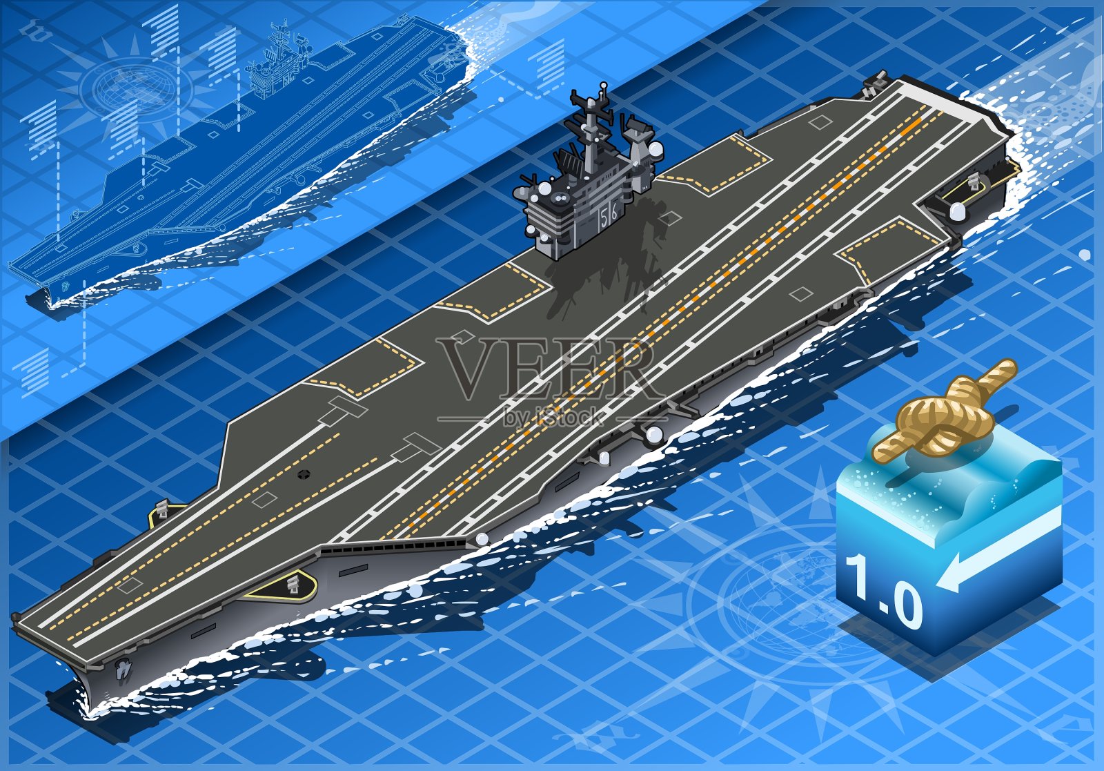 等距航空母舰在前面航行插画图片素材