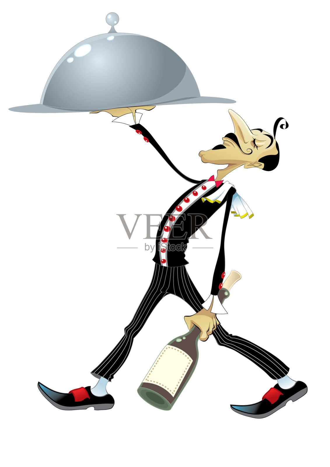 有趣的服务员，拿着一瓶酒和一道菜设计元素图片