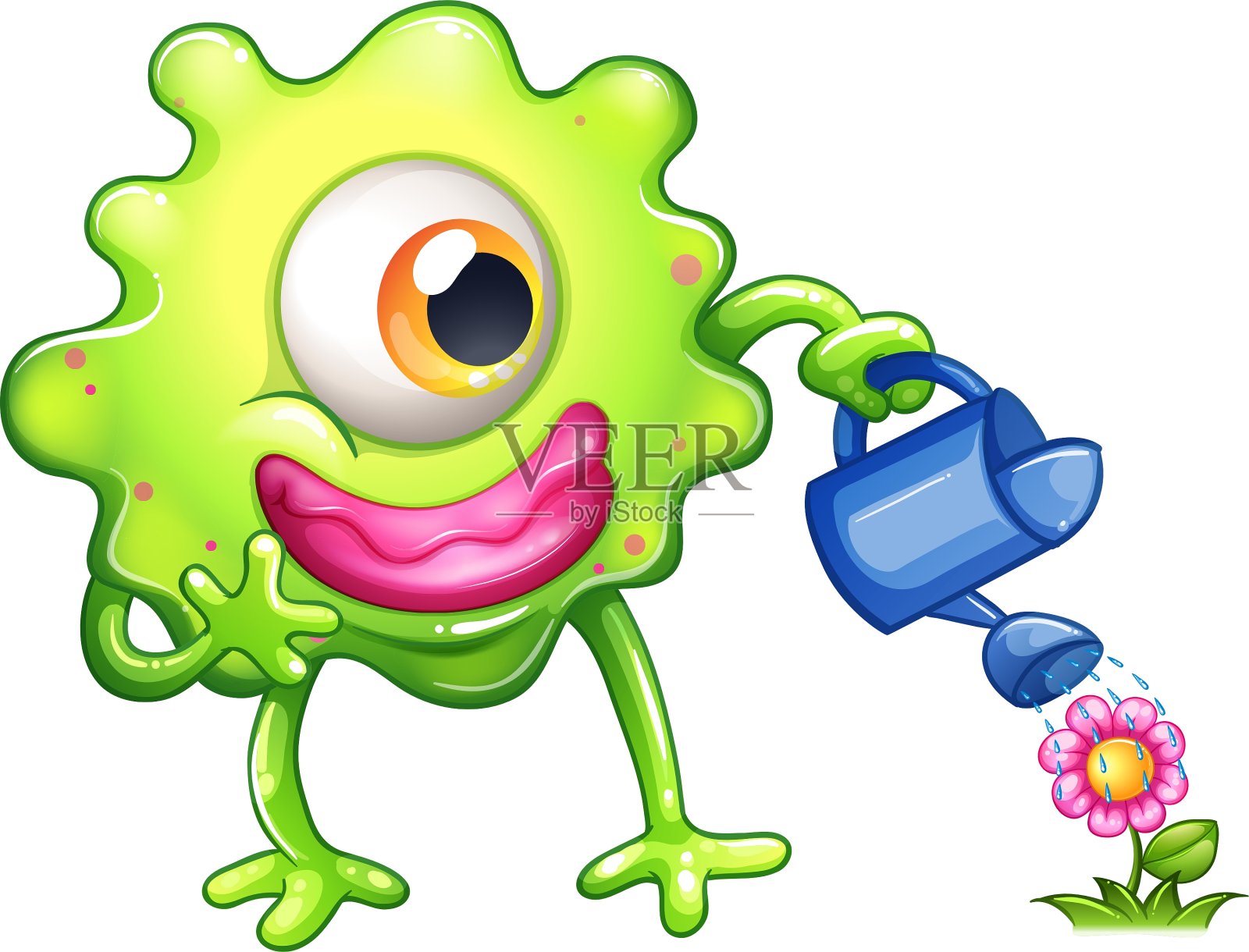 一个绿色的怪物在给植物浇水设计元素图片