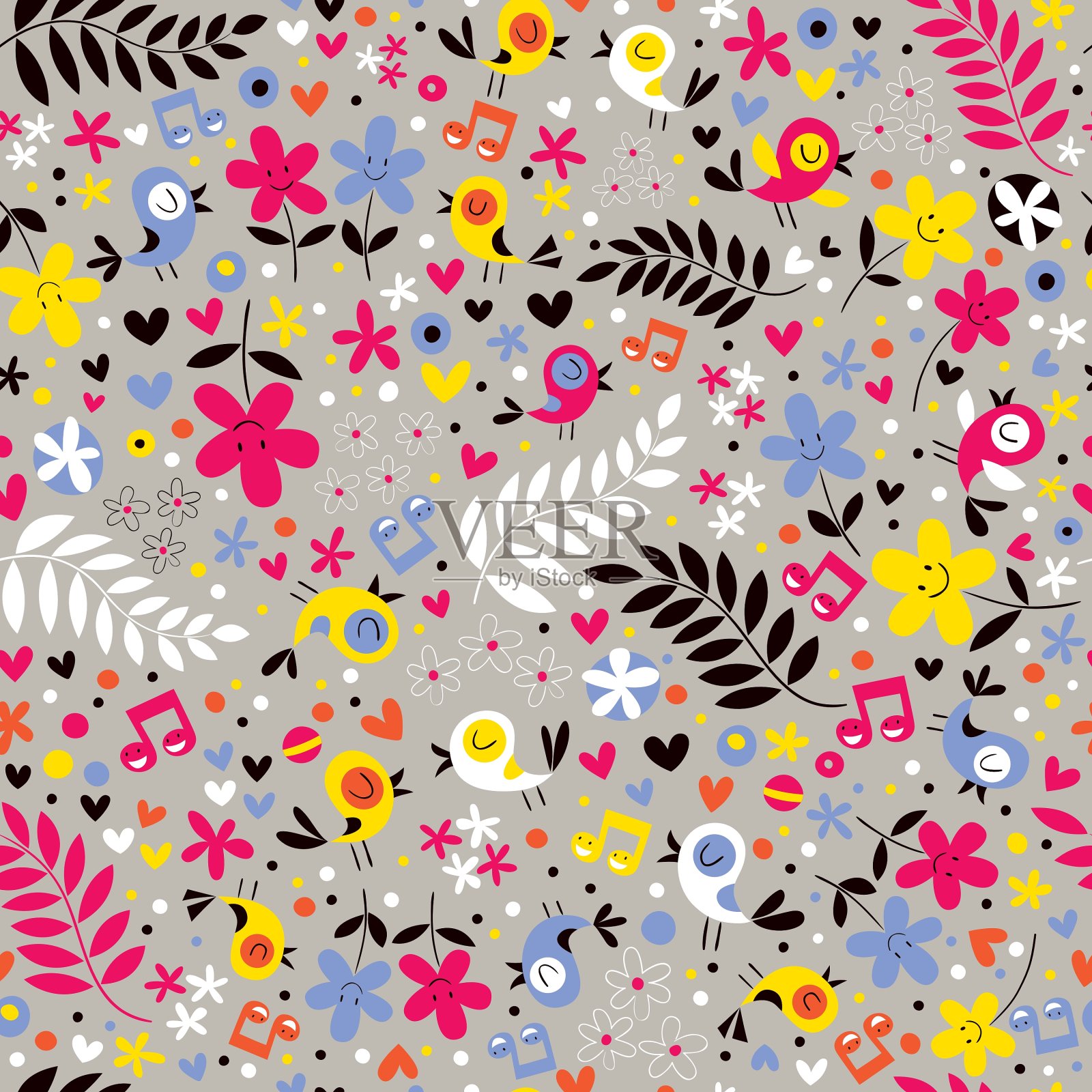 可爱的小鸟和花朵图案无缝衔接插画图片素材