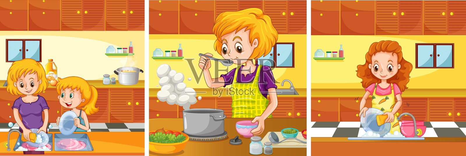 女孩和妈妈在厨房里做活动插画图片素材