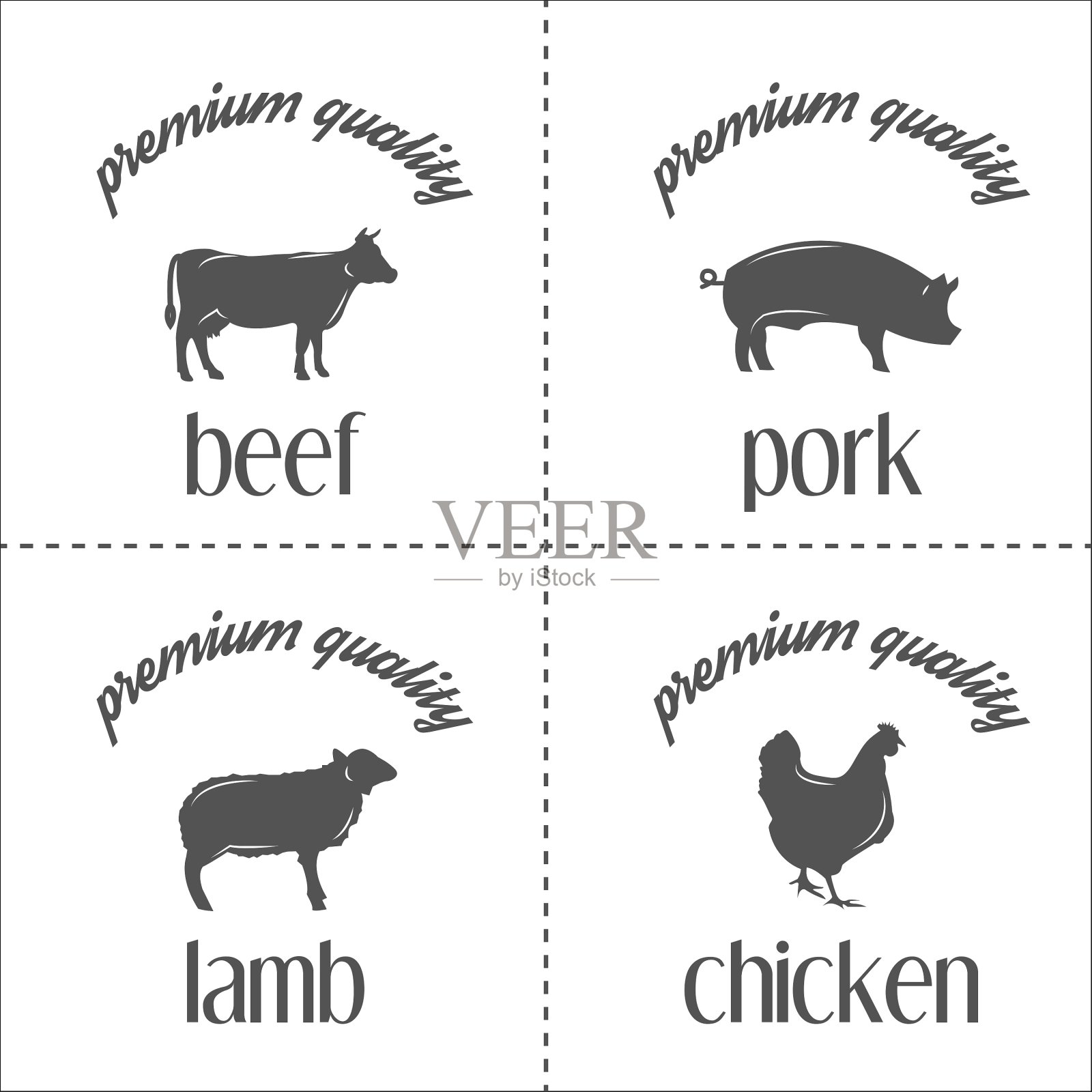 一套古老的屠宰肉标志和邮票插画图片素材