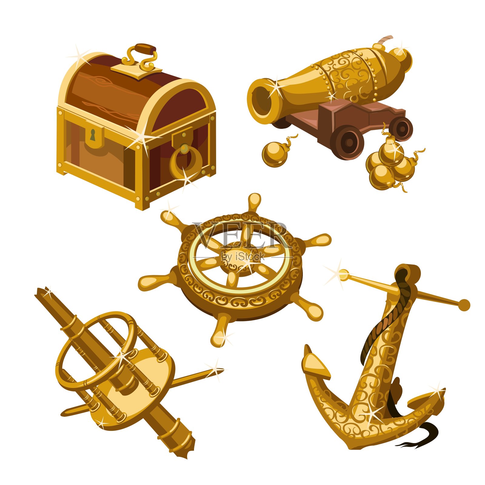 舰炮和宝箱的碎片设计元素图片