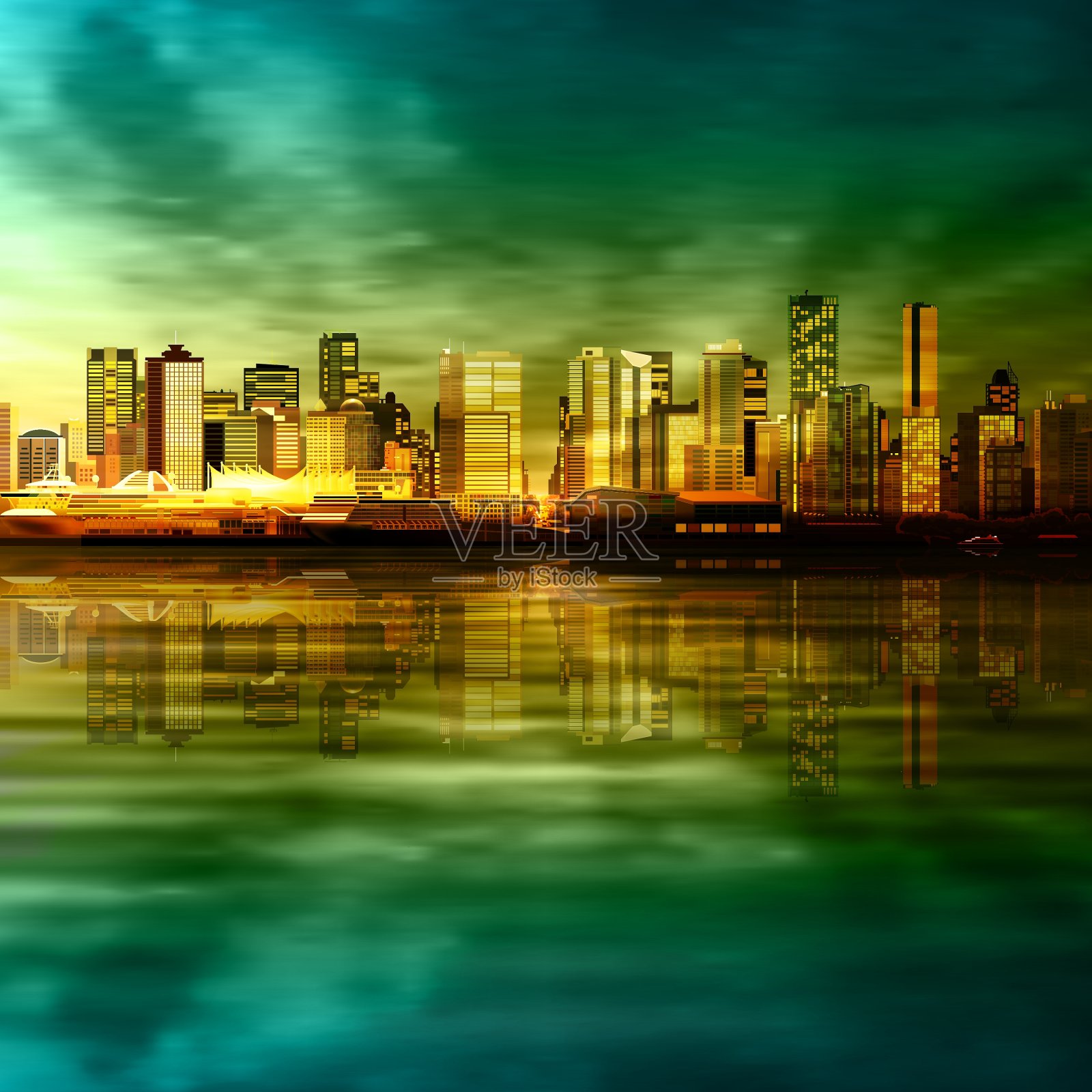 抽象的绿色日落背景与全景插画图片素材