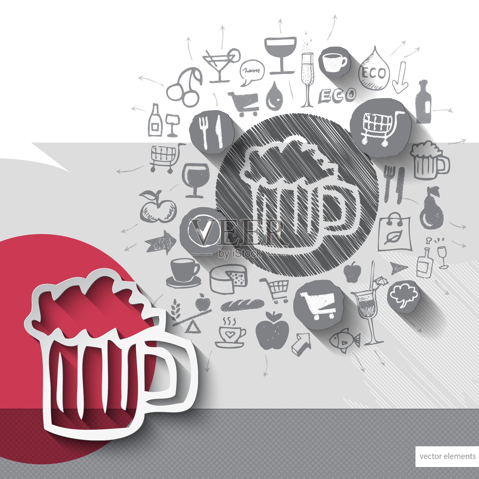 手绘啤酒图标与食物图标背景插画图片素材