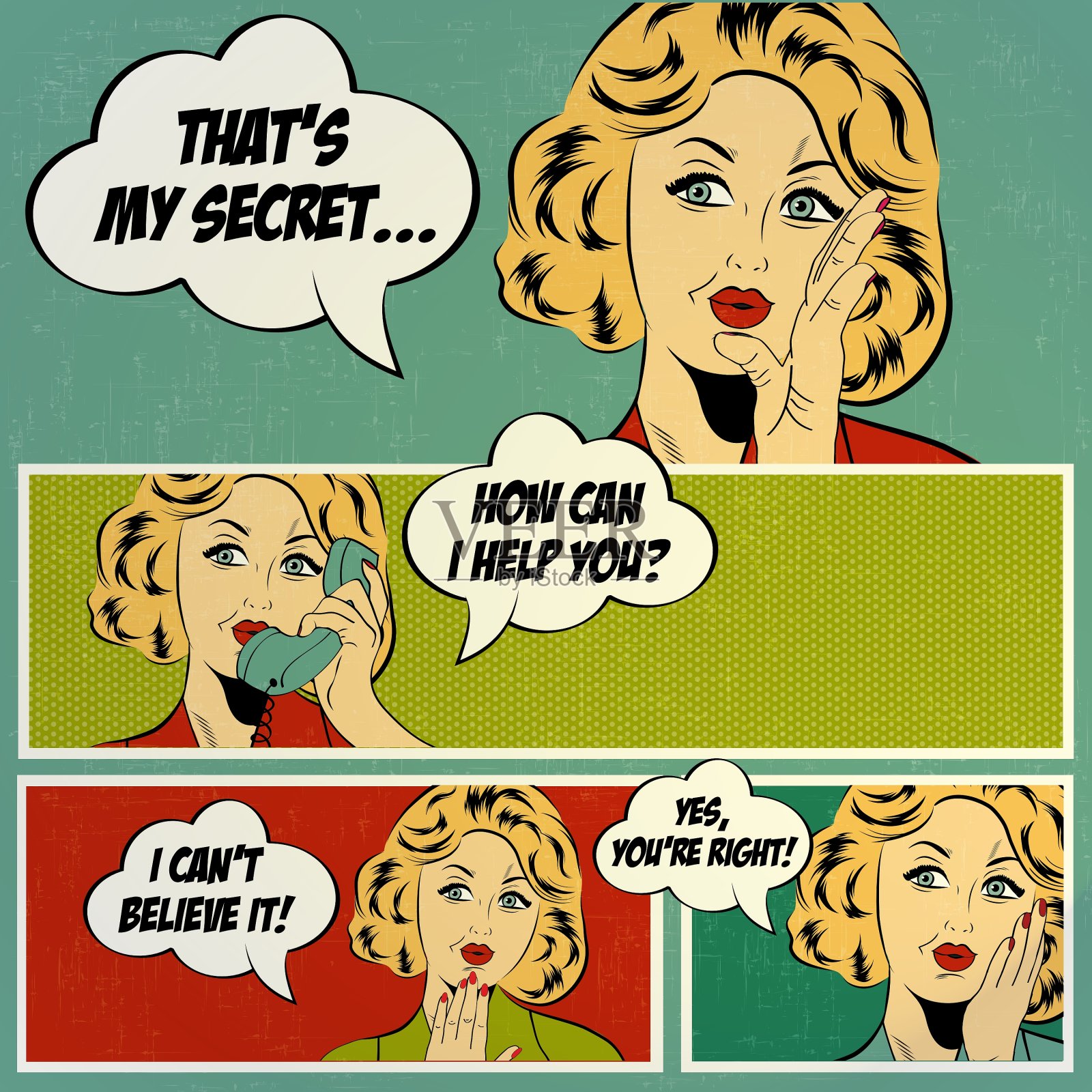 流行艺术风格的复古女性漫画书插画图片素材