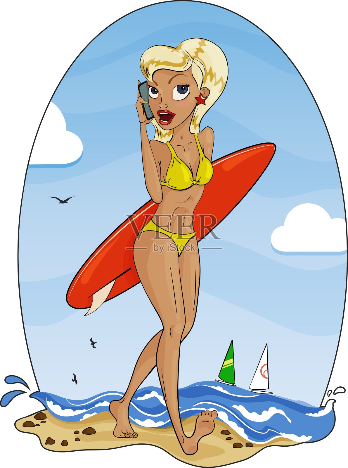 冲浪的女孩插画图片素材