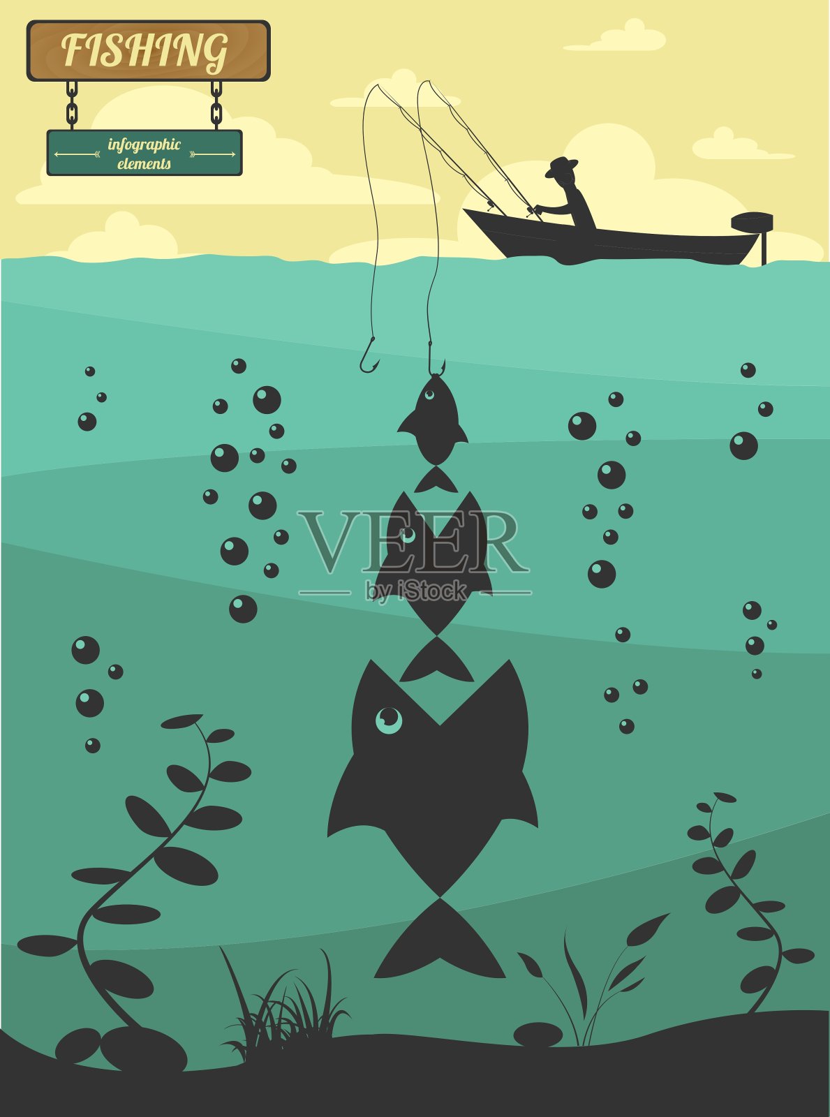 渔船上钓鱼的设计元素插画图片素材