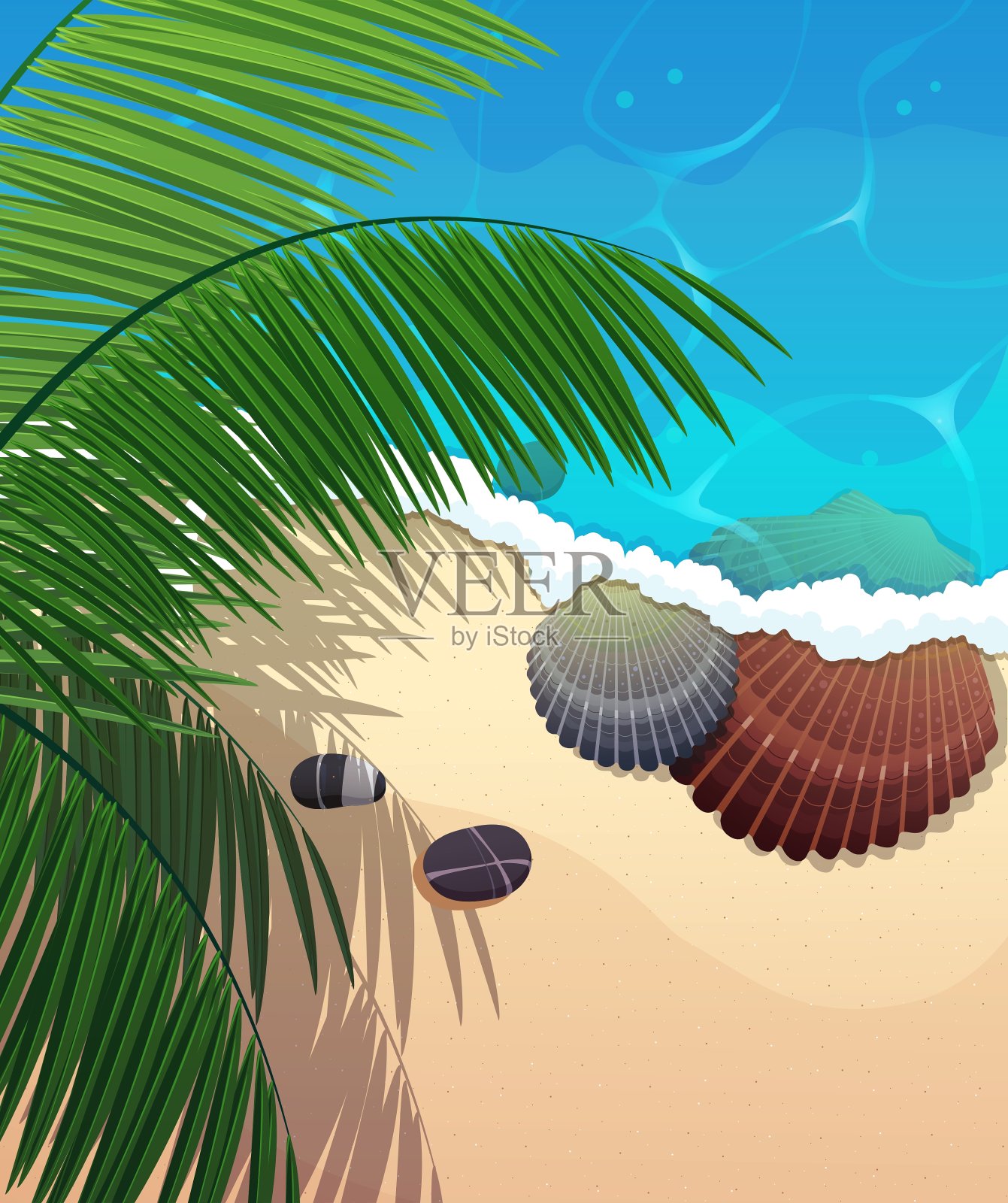 海岸边有棕榈枝插画图片素材